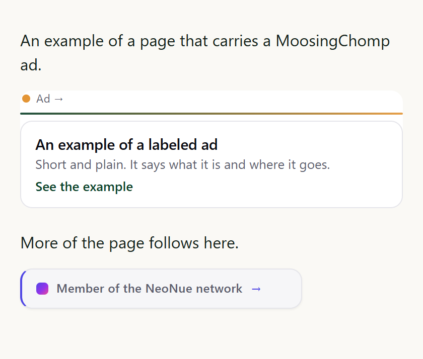 An example page. A short ad with the small label Ad above a headline, one sentence and a link. Further down, a small footer mark links to the list of member sites.
